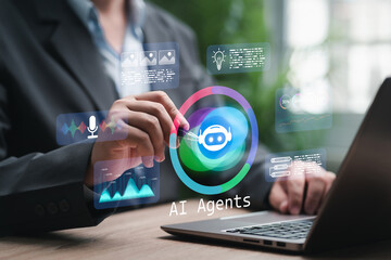AI Agent concept, Businessman Writing Code for Data Analytics, Artificial Intelligence Programming...