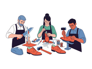 Artisan's Craft: Illustrative snapshot of skilled artisans meticulously crafting elegant footwear, highlighting the precision and passion behind the art of shoemaking. 