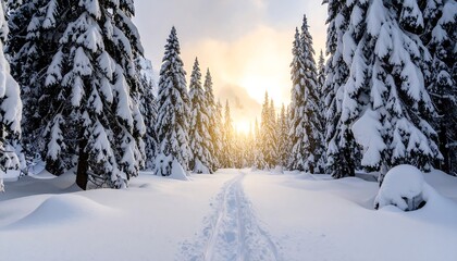 Snowy forest path at sunset