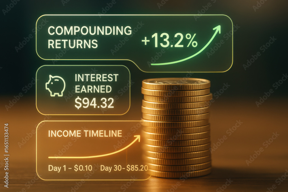 Poster compounding returns concept with stacked coins and financial growth data showing interest earned