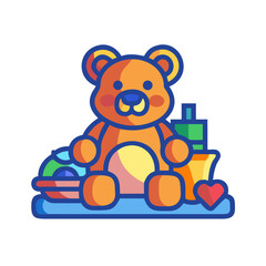 Colorful teddy bear toy surrounded by building blocks and accessories  