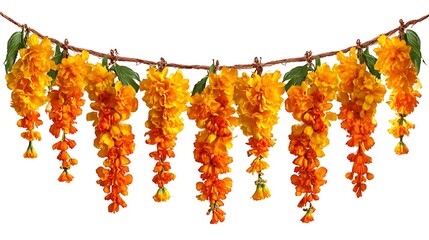 Obraz premium Awesome photo of string of marigold garlands hanging, isolated on white Onam, Pongal, Diwali festive decor, hanging flowers, decoration.