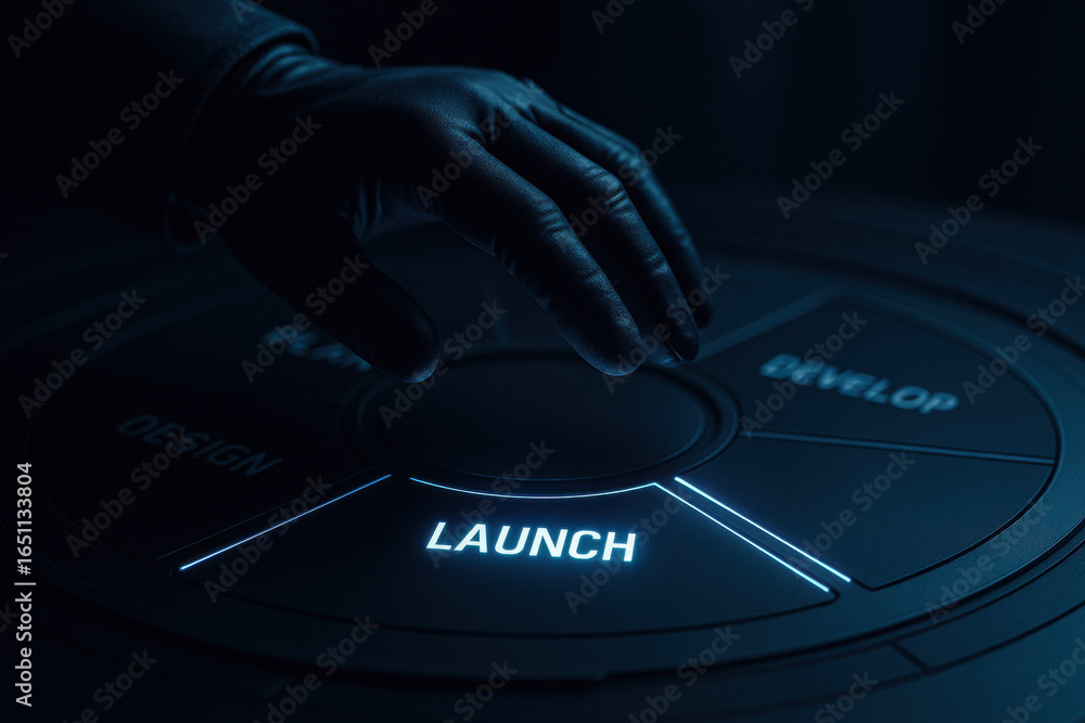 Poster launch button glowing on futuristic control panel with hand in glove about to press