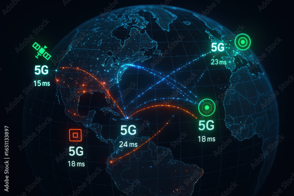 Poster 5g network connection with latency times on digital globe
