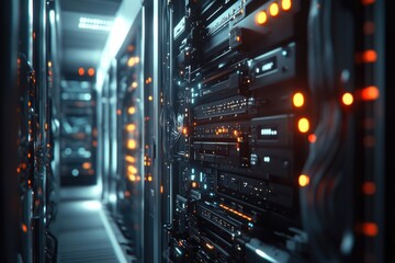 A dimly lit server room shows racks of blinking servers and cables, filled with advanced technology, data storage, and network infrastructure.