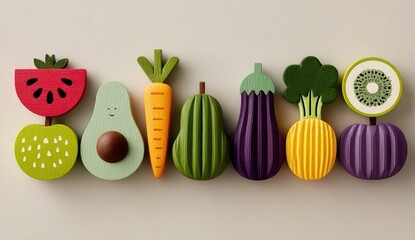 Colorful wooden fruit and vegetable shapes arranged in a row