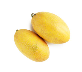 Two fresh ripe melons isolated on white, top view