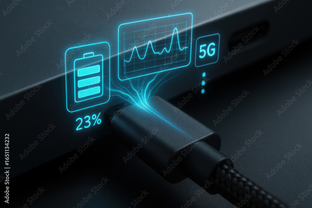 Poster usb cable connected to device showing battery percentage and 5g network signal with data graph