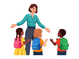 Teacher's warm welcome to kindergarten: An inclusive teacher extends a welcoming embrace to three eager kindergartners, each with their own backpacks, ready for a day of learning and discovery.