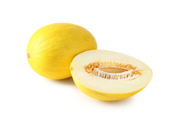Whole and cut ripe melons isolated on white