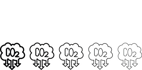 Cloud co2 reduction vector icons. Cloud co2 symbol with down arrow vector outline and silhouette icon set. Reduce co2 gas icon set