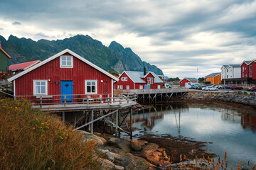 Picturesque fishing village of Henningsvær on the Lofoten Islands, Norway. Traditional colorful...