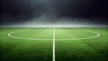 Foggy Soccer Field Center Circle | Dramatic Kickoff Scene, Green Turf, Game Atmosphere