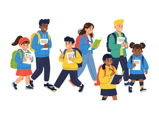 Young Scholars on the Move: A diverse cohort of young students, equipped with backpacks and notebooks, embark on their educational journey with enthusiasm and anticipation.