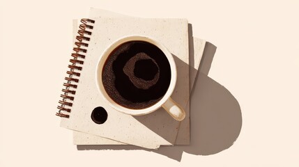 A coffee cup sits atop a stack of notebooks.