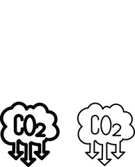 Cloud co2 reduction vector icons. Cloud co2 symbol with down arrow vector outline and silhouette icon set. Reduce co2 gas icon set