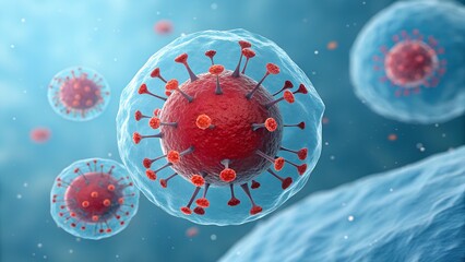 3D Rendering of Coronavirus Particles Near Cell Membrane | COVID-19 Virus Structure, Red Spiked Spheres, Medical Illustration, Infection Mechanism Visual, Pandemic Concept Art, Microscopic Biology