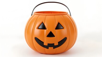 Fototapeta premium Orange Plastic Pumpkin Bucket with Jack-o'-Lantern Face | Halloween Trick-or-Treat Icon, Festive Candy Container, Spooky Smile Design, Seasonal Decor Element, Black Handle Detail, Holiday Symbol