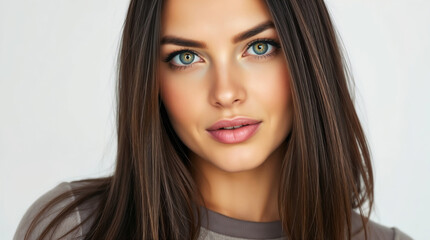 Fototapeta premium Smiling plus-size brunette model with glowing skin and expressive blue eyes in a close-up studio shot