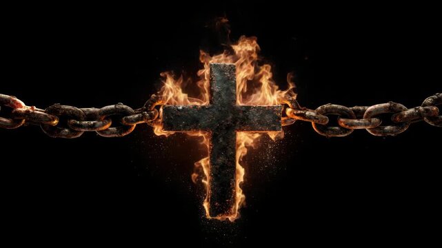 Rusty metal cross intertwined with chains engulfed in flames on black background, symbolizing spiritual struggle, strength, and redemption