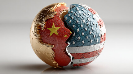 Conceptual globe split with large crack between China and USA flags, symbol of conflict, tension, and economic crisis. representation of political division and disagreement