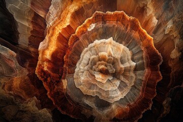 Obraz premium Abstract aerial view reveals a layered canyon or rock formation with swirling colors, textures, and patterns.