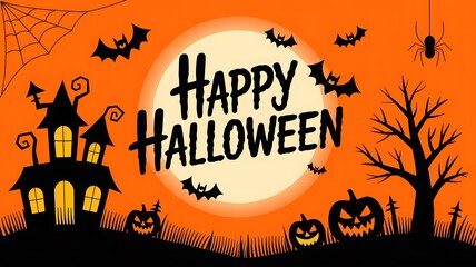 Halloween night illustration with haunted house pumpkins bats spider web and full moon background with happy halloween text