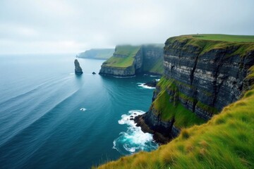 Panoramic view, misty isle, dramatic cliffs, hidden cove , nature, rock