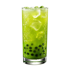 A glass filled with a green bubble tea and ice cubes, the drink isolated on white transparent background