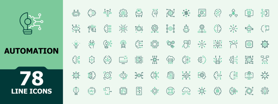 Automation colorful line icon set. Contains outline symbols like engineer, development, technology, tech, ai and more. Icons for application. Optimization icon. Editable stroke. Vector collection.