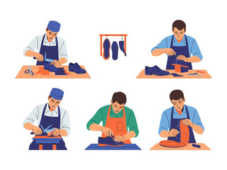 Shoemaker Craftsmanship: A shoemaker meticulously engaged in the detailed creation of handcrafted shoes, showcasing skill and precision in every step of the process.