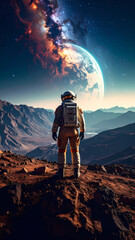 Astronaut contemplates colorful galaxy from mountain on desolate planet. concept of future space exploration, adventure and solitude