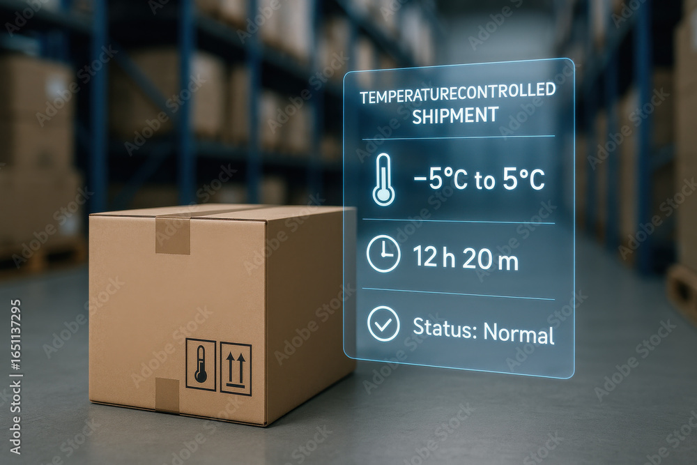 Poster temperature controlled shipment box warehouse with digital display showing temperature and time
