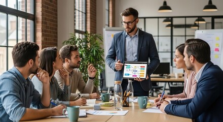 Businessman presenting data on tablet to diverse team in modern office meeting