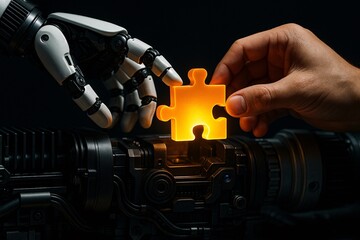 A robot and a human are holding a puzzle piece in its hands