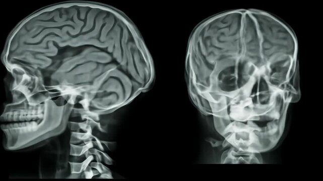 Human Skull and Brain X-Ray, Side Profile - A medical video showcasing a detailed x-ray of a human skull and brain from two side profiles.