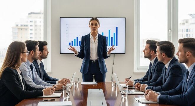 Businesswoman Leading a Presentation to Attentive Colleagues in Modern Office - Powered by Adobe