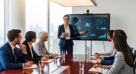 Businesswoman Presents AI Data Analytics to Diverse Team in Modern Office