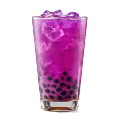 A glass filled with a green purple tea and ice cubes, the drink isolated on white transparent background
