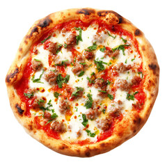 Pizza Sausage and Broccoli with Tomato sauce, mozzarella, sausage, broccoli rabe and olive oil isolated on white transparent background