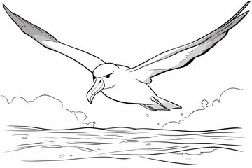 Basic outline of a smiling albatross flying over the ocean with waves and a simple background, perfect for kids to color with clear and uncomplicated lines.