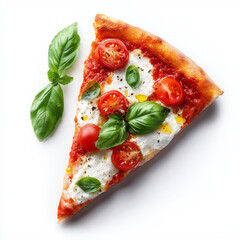 Slice of pizza Margherita with Tomato sauce, fresh mozzarella, basil ans olive oil on white background