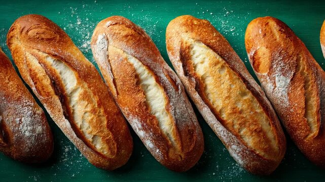 Golden brown baguettes with crispy crust and flour dusting, realistic photo style, arranged on rustic green wood, concept of artisan bakery