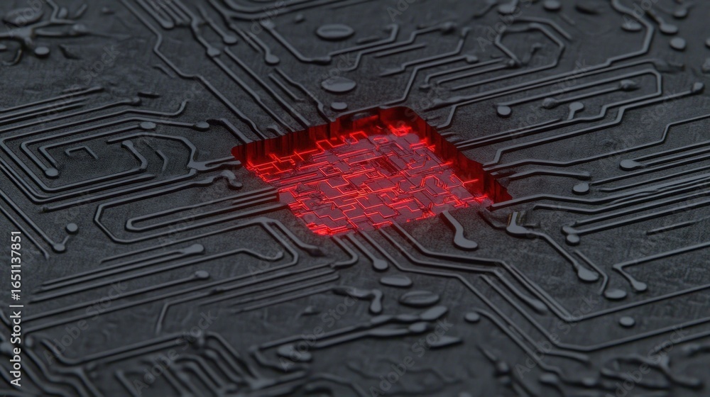 Poster advanced technology concept with glowing red circuit on a dark gray background representing