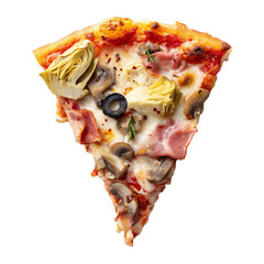 Slice of pizza Quattro Stagioni with Tomato sauce, mozzarella, artichokes, ham, mushrooms and olives isolated on white transparent background