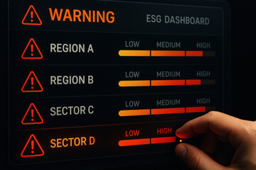 Obraz premium Warning sign with risk levels on ESG dashboard and hand pointing at high alert sector