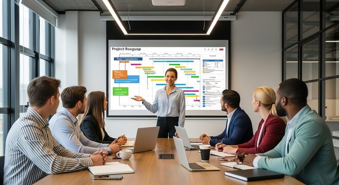 Diverse team in modern conference room observing project Gantt chart presentation