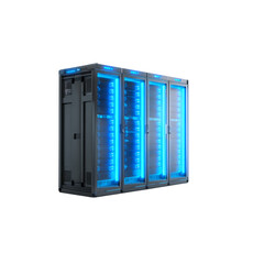 Modern data center servers glowing with vibrant blue light, representing powerful computing and digital infrastructure for future innovation.