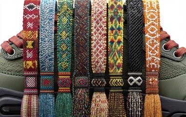 Colorful woven straps adorn a pair of olive green boots