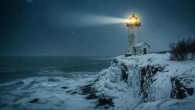 Lighthouse in Winter Storm - A solitary lighthouse stands strong on a snow-covered cliff as powerful waves crash against the rocks during a winter storm.